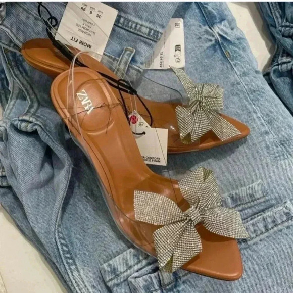 Zara Tan and Silver Heels with Bow Detail - Picture 1 of 5